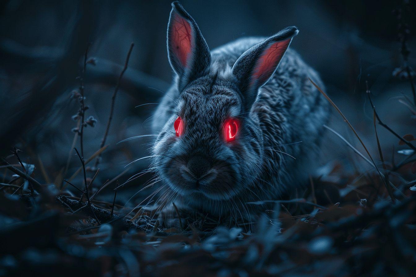 Gros plan sur un lapin noir aux yeux rouges brillants dans l'obscurit&eacute;.