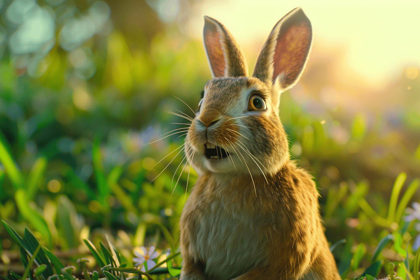 Un lapin marron aux longues oreilles dress&eacute;es dans l'herbe verte