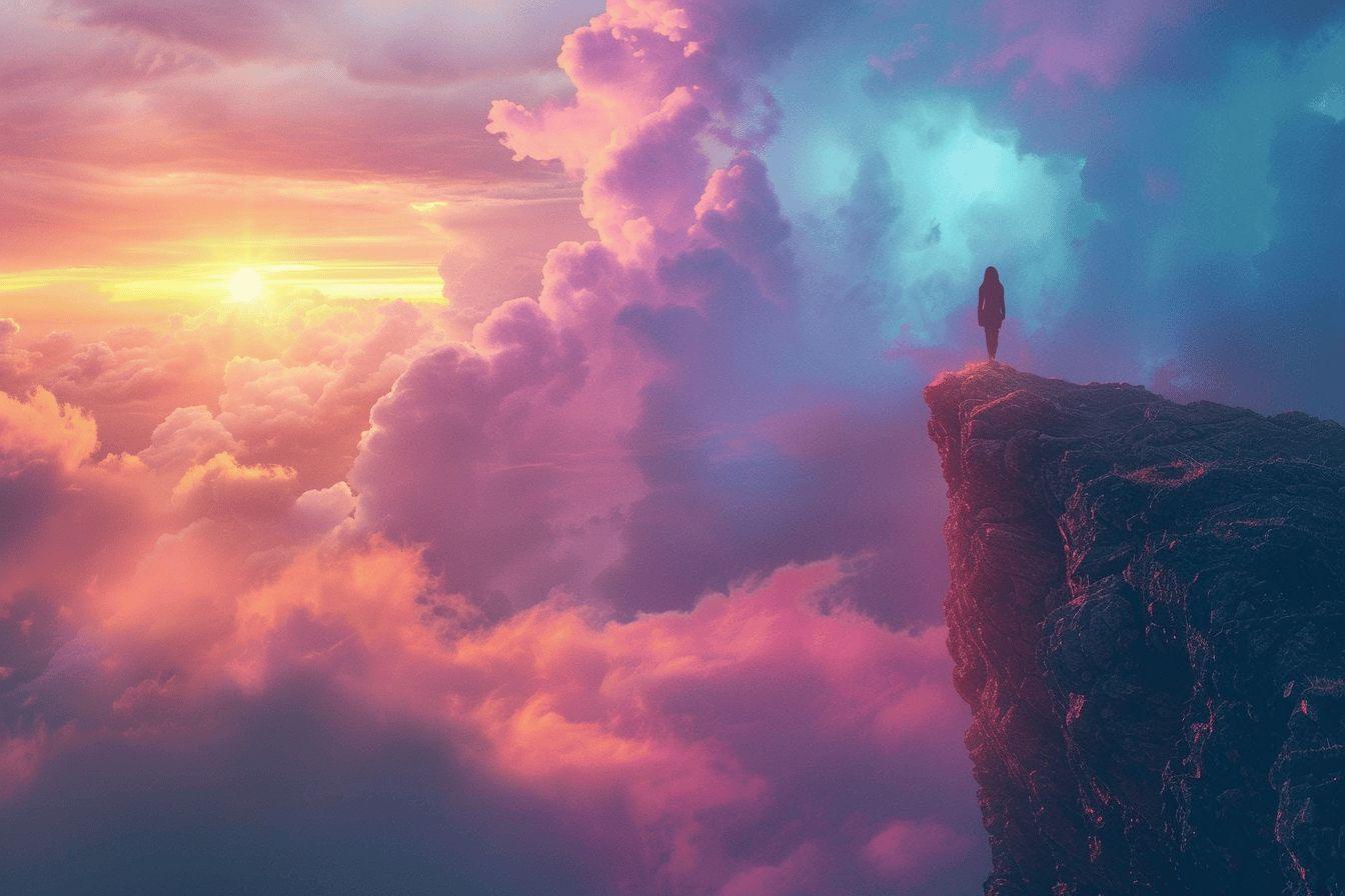 Une silhouette debout sur un sommet au milieu de nuages color&eacute;s.