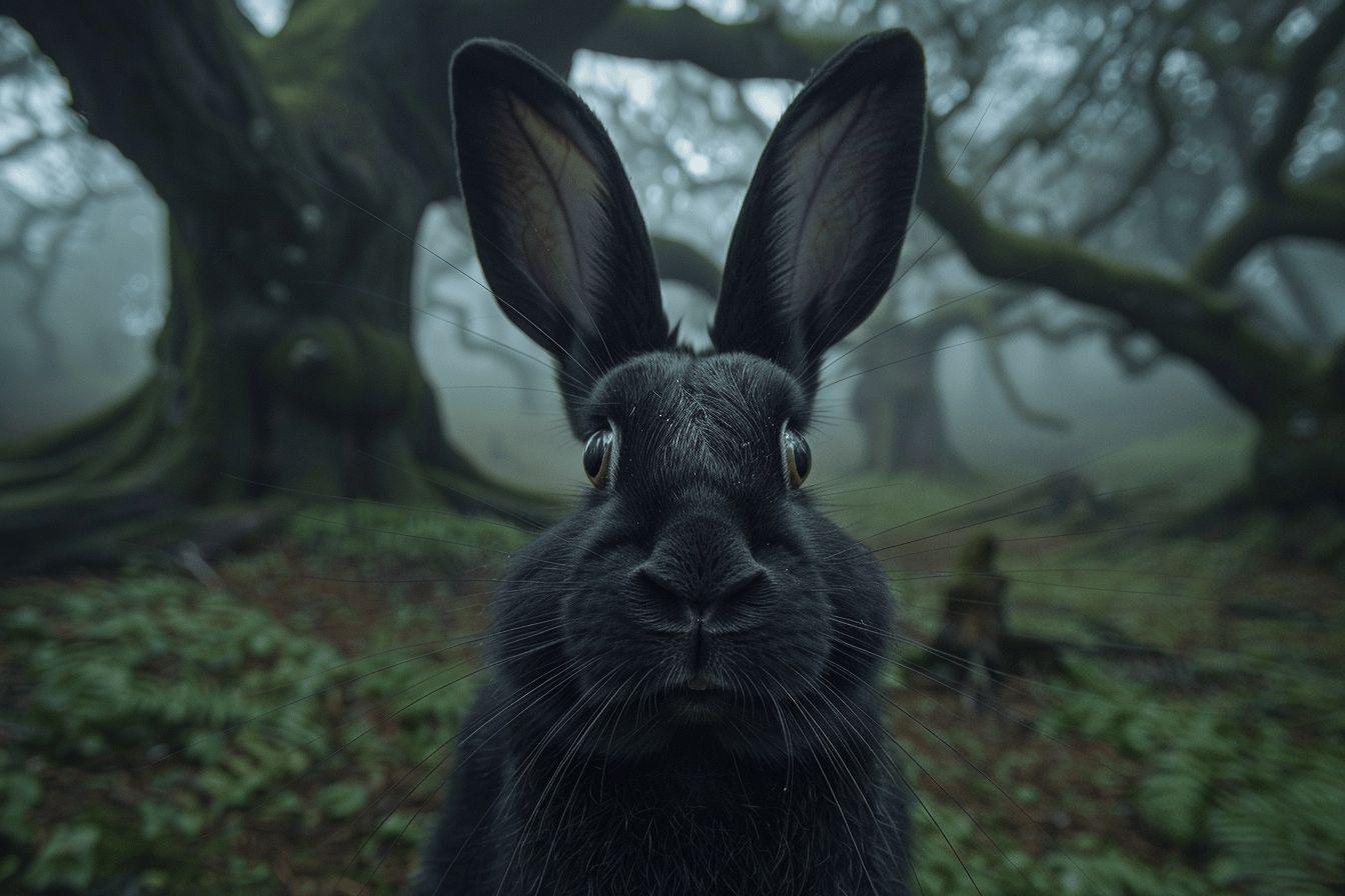 Gros plan sur un lapin noir aux grandes oreilles dans un environnement forestier