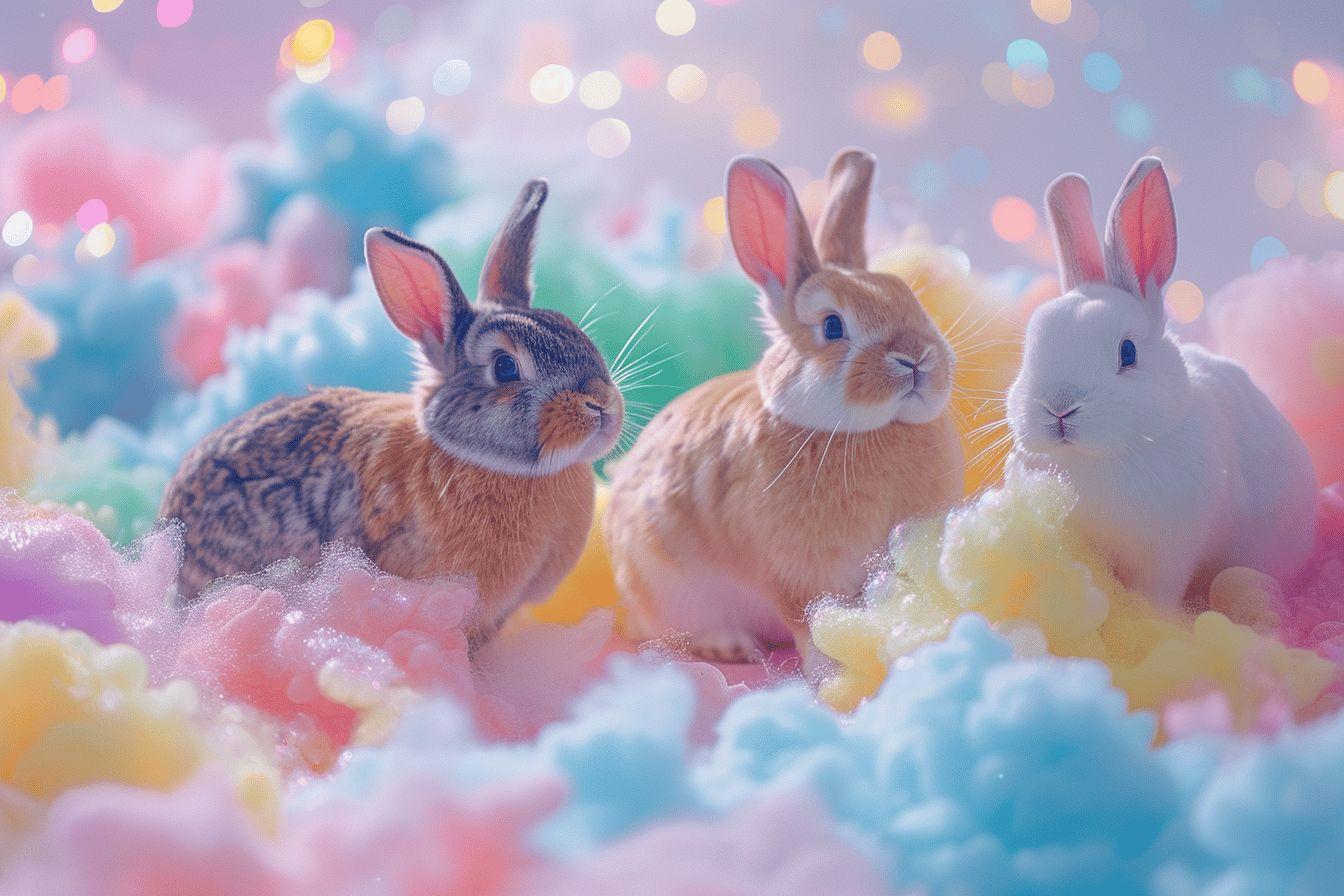Trois lapins de diff&eacute;rentes couleurs dans un paysage fantastique
