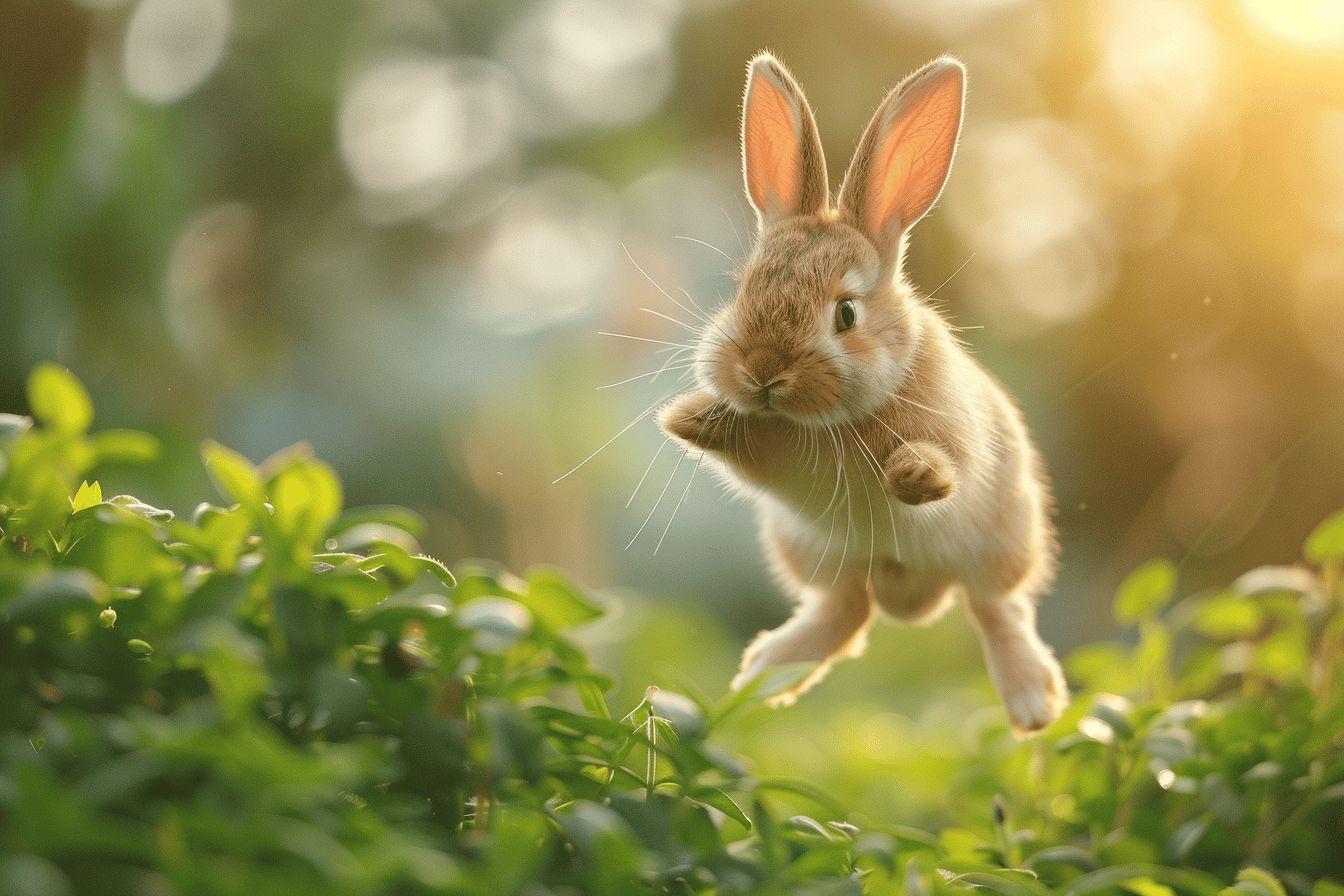 Mignon petit lapin dans un environnement verdoyant et ensoleillé