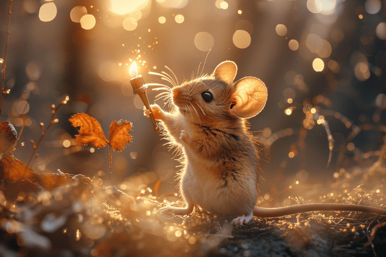 Souris mignonne tenant une feuille d'automne dans un décor doré et lumineux