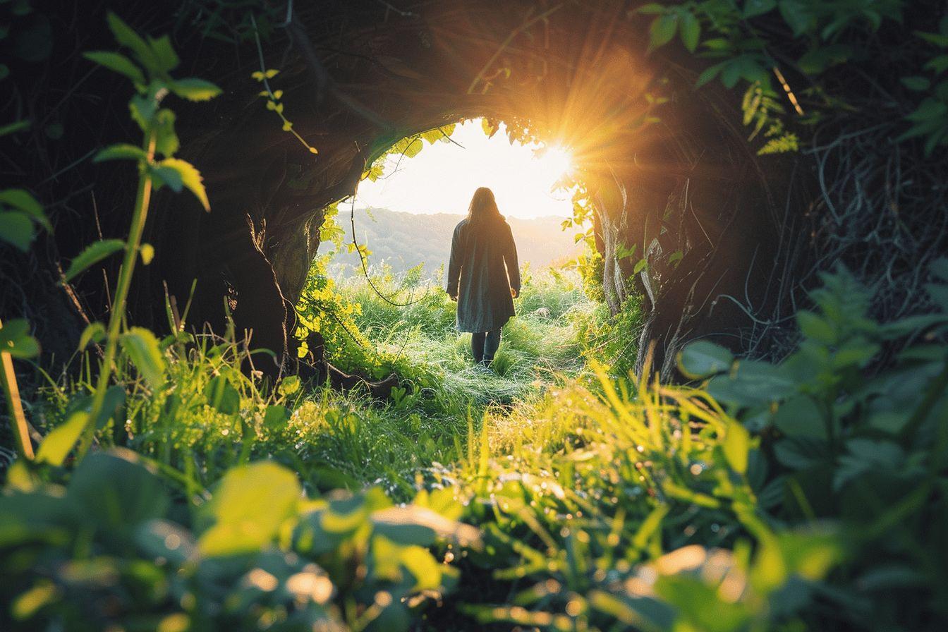 Silhouette d'une personne marchant dans un tunnel de verdure baign&eacute; de soleil