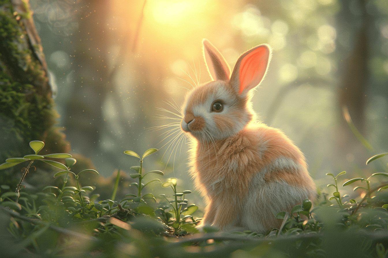 Lapin dans la for&ecirc;t avec un fond de lumi&egrave;re dor&eacute;e