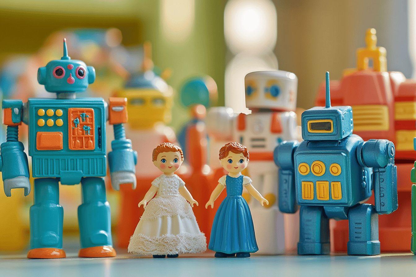 Robots bleus jouets avec deux poupées en robes élégantes