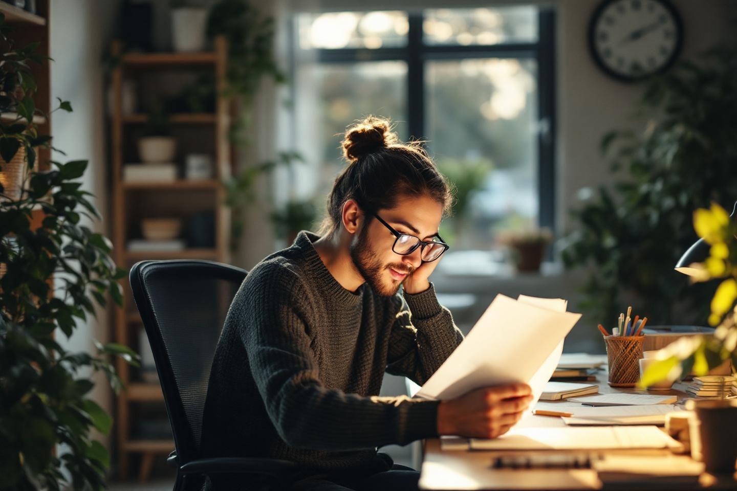 Jeune personne à lunettes lisant des documents près d'une fenêtre