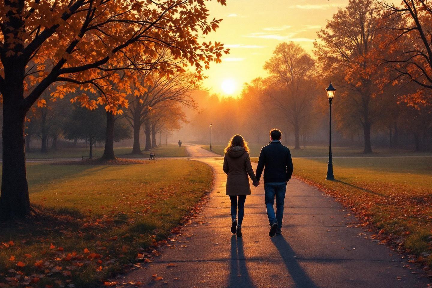 Couple marchant main dans la main dans un parc