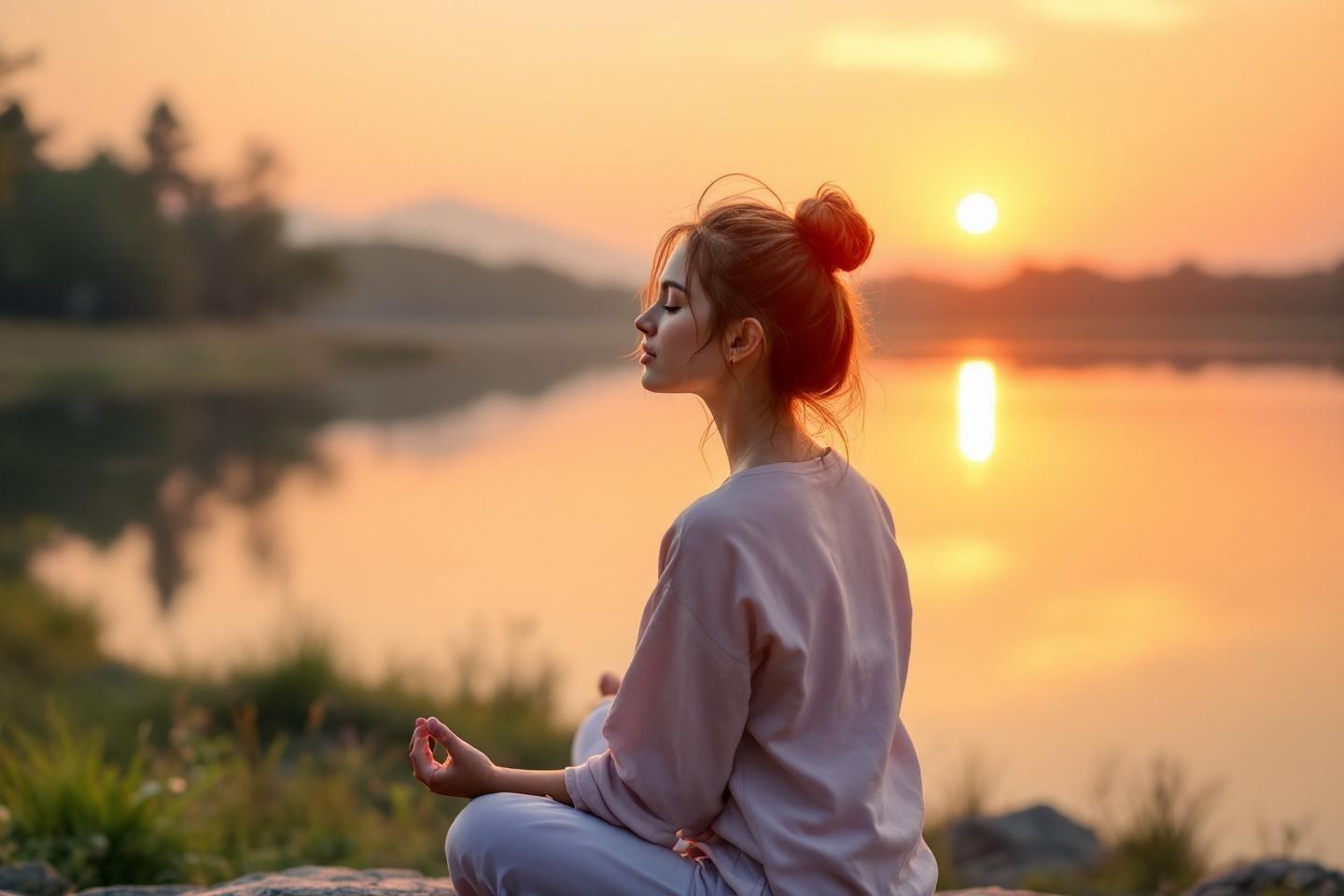 Femme m&eacute;ditant pr&egrave;s d'un lac au coucher de soleil