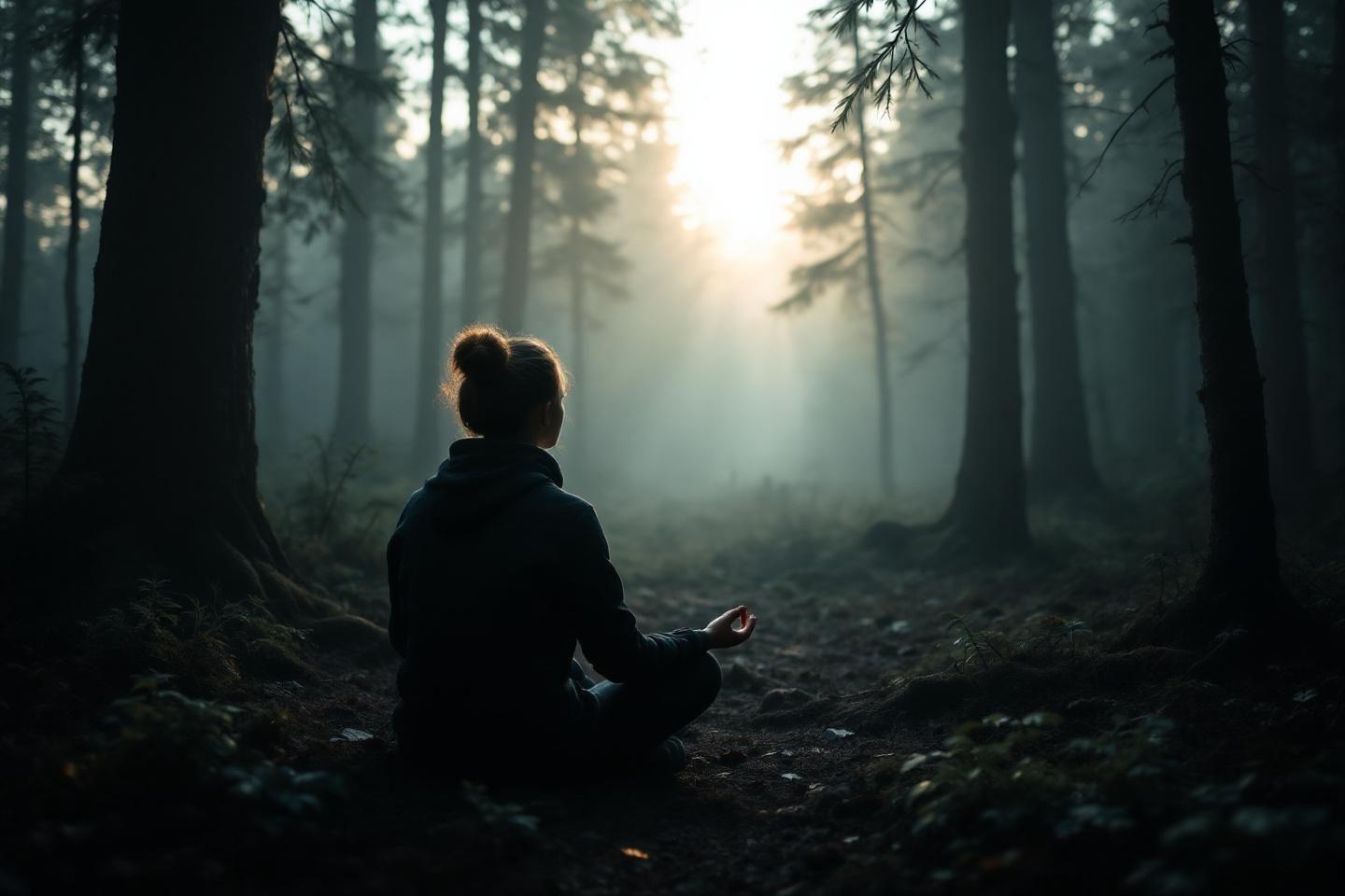 Silhouette assise en position de lotus dans une for&ecirc;t brumeuse