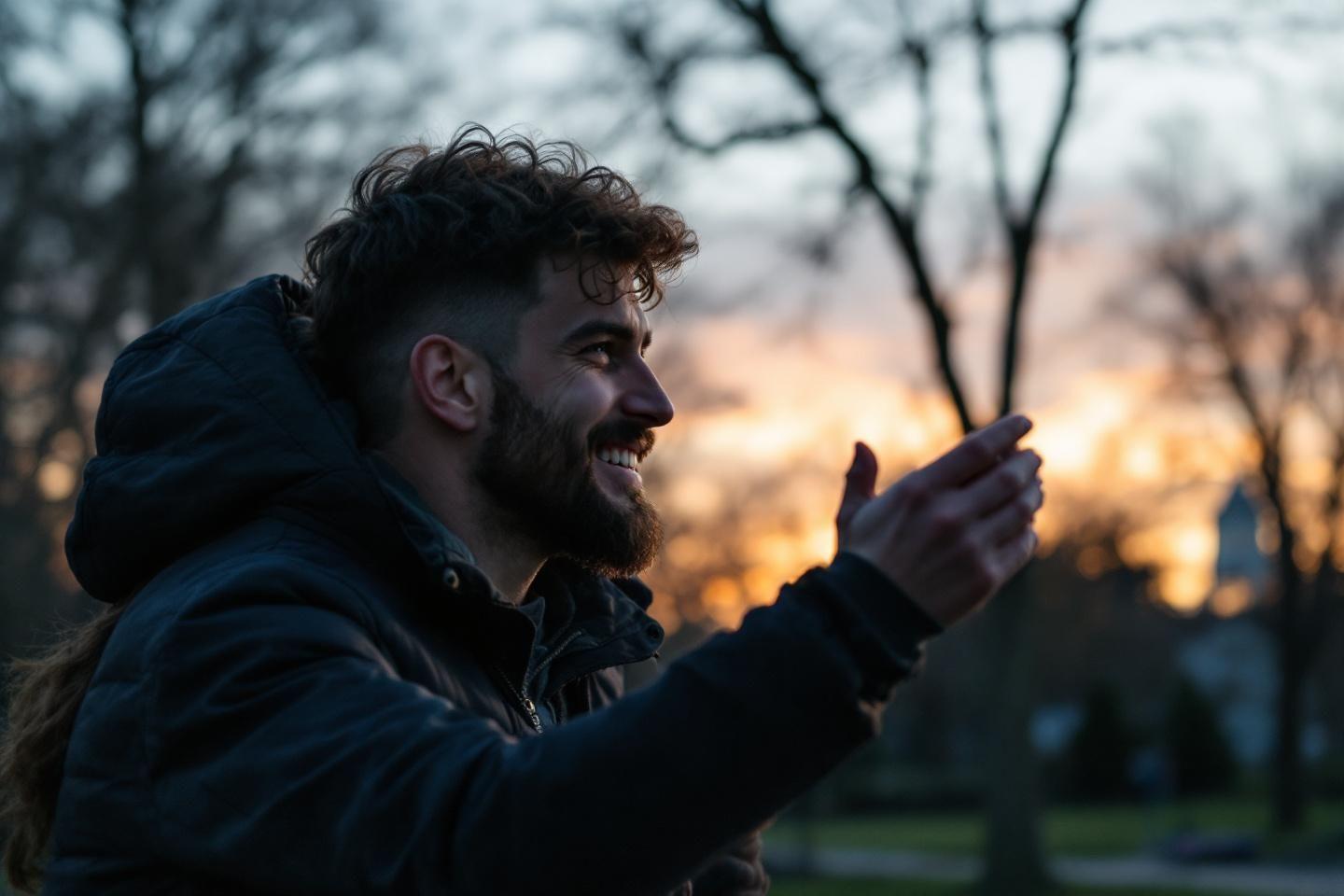 Homme souriant, veste &agrave; capuche, geste expressif au coucher de soleil