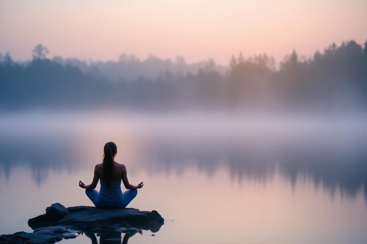 Silhouette en position de yoga sur un rocher brumeux au lever du soleil