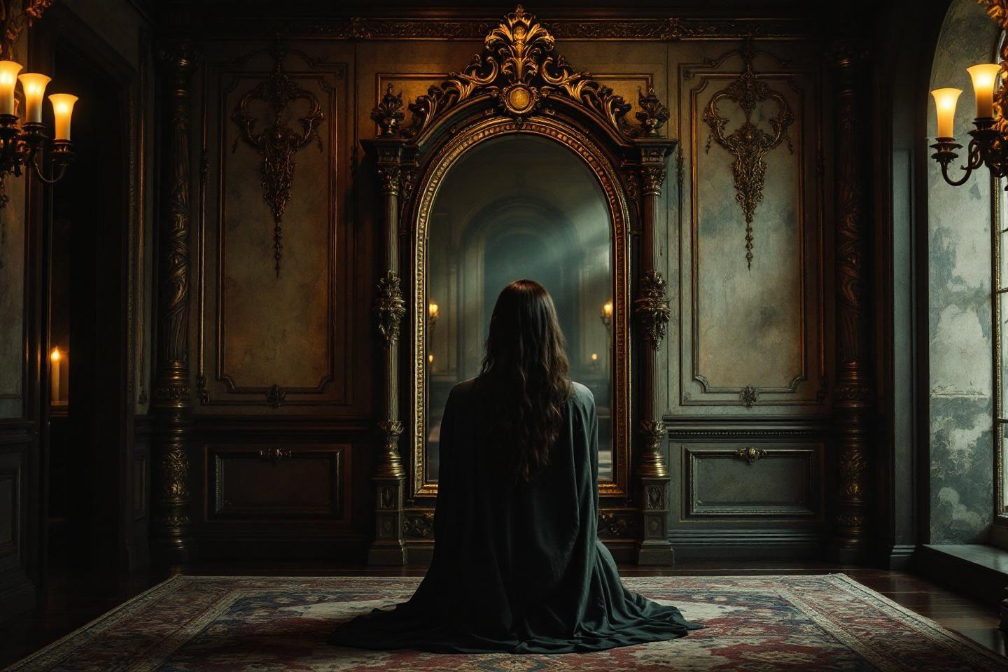 Silhouette dos tourn&eacute; devant un grand miroir orn&eacute;