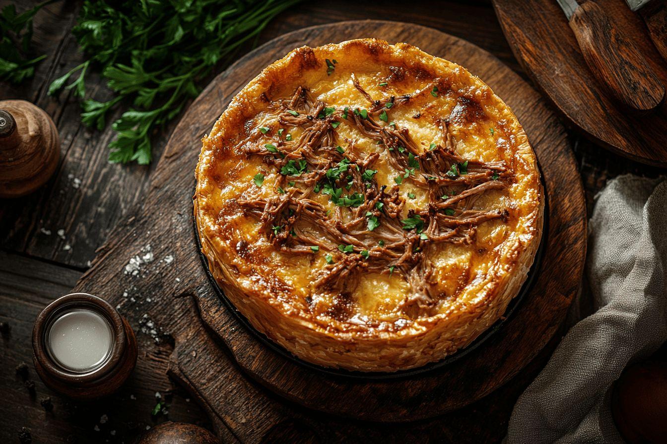Tarte dorée avec viande effilochée et herbes fraîches