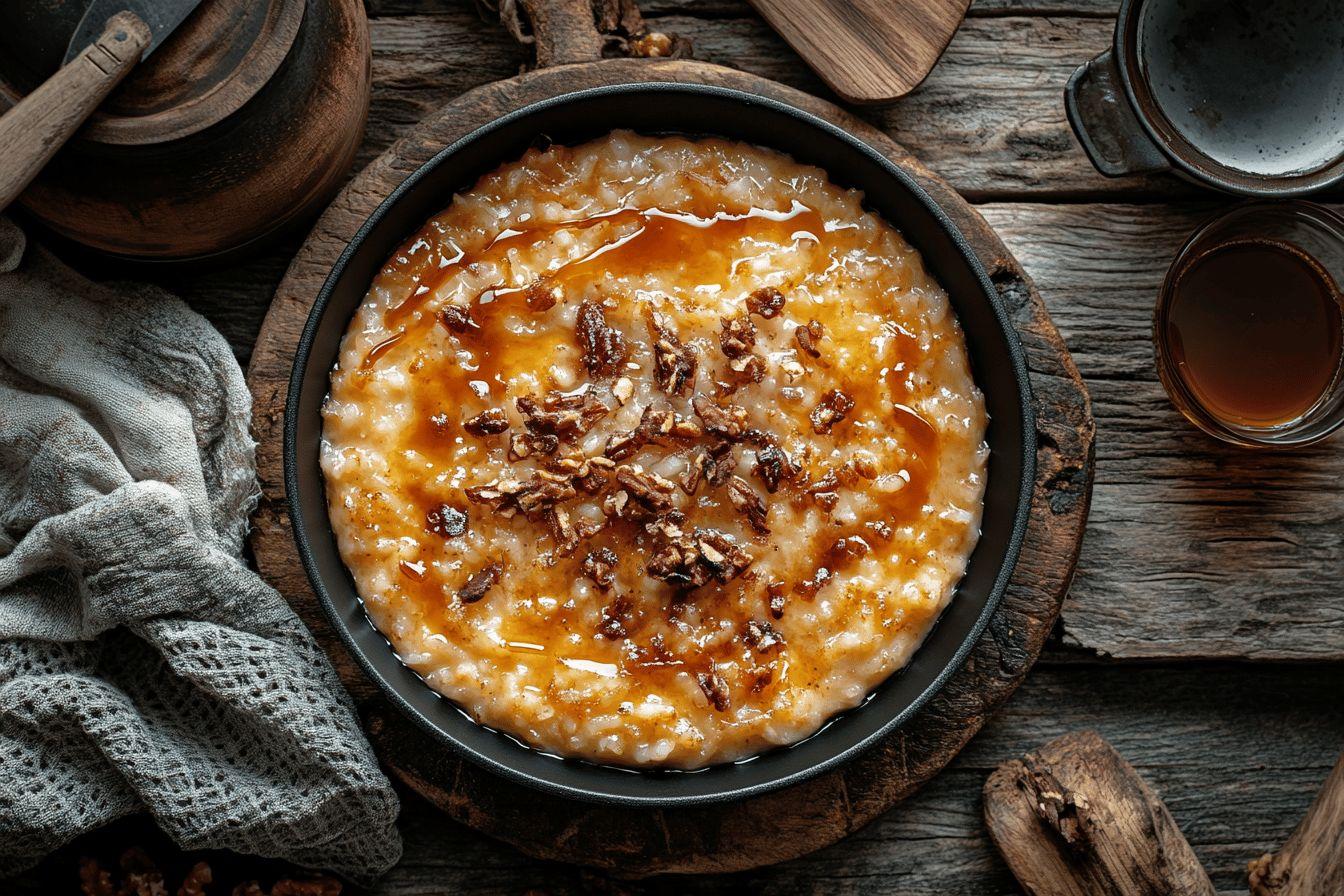 Bol de porridge crémeux avec noix et sauce caramel
