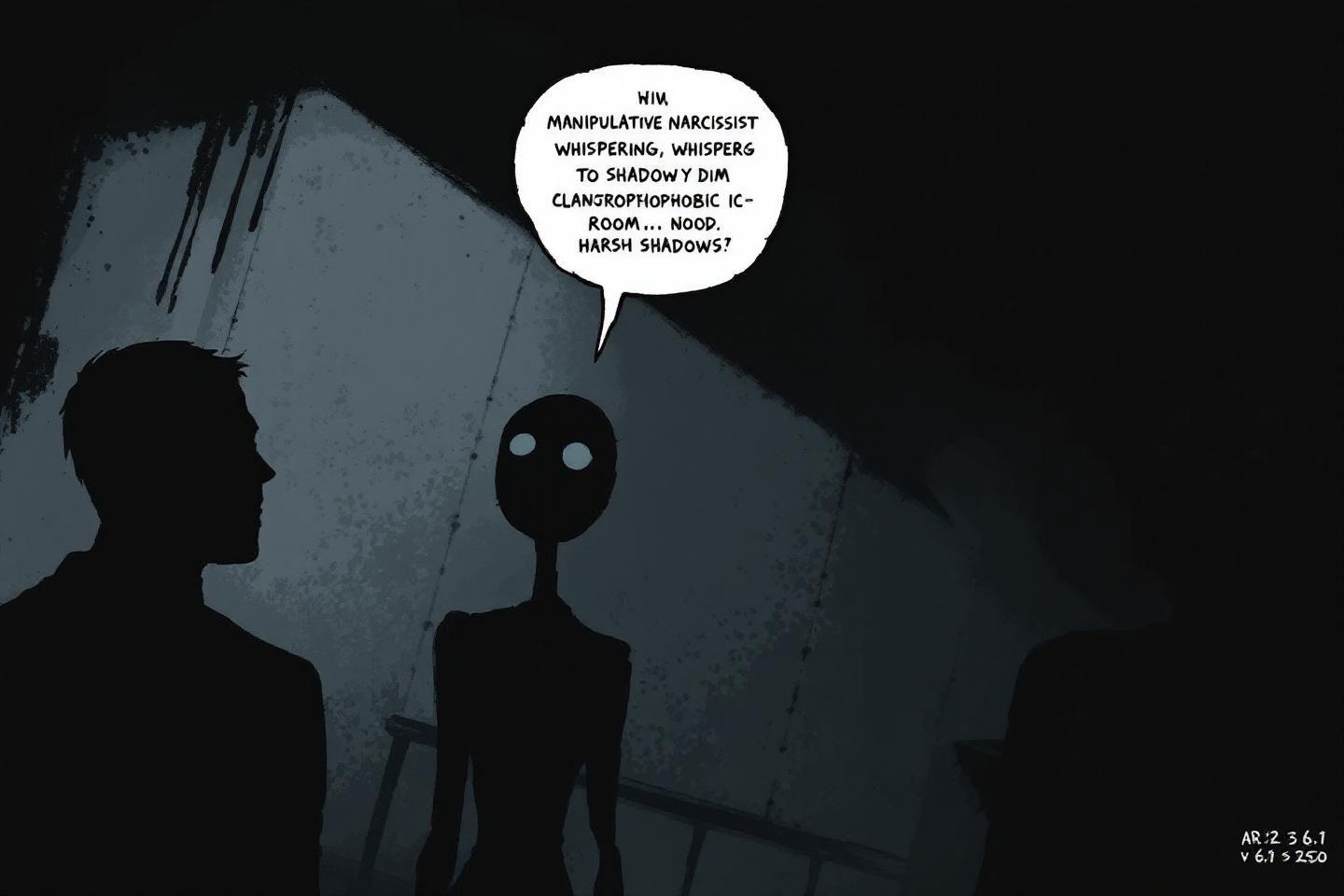 Silhouettes sombres, personnage alien parlant dans un environnement sombre