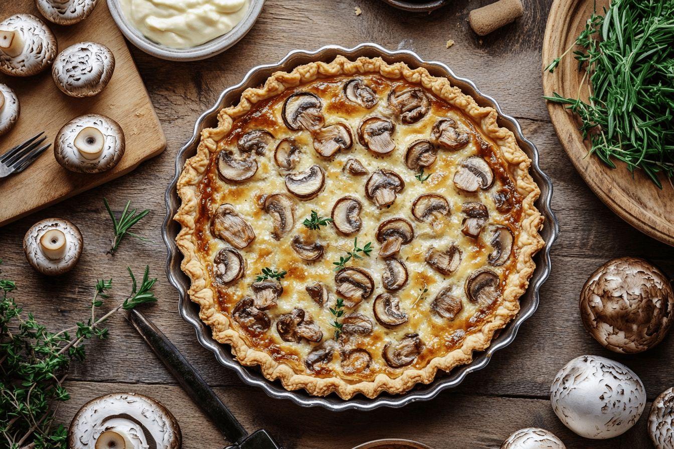 Tarte dor&eacute;e aux champignons frais avec des herbes