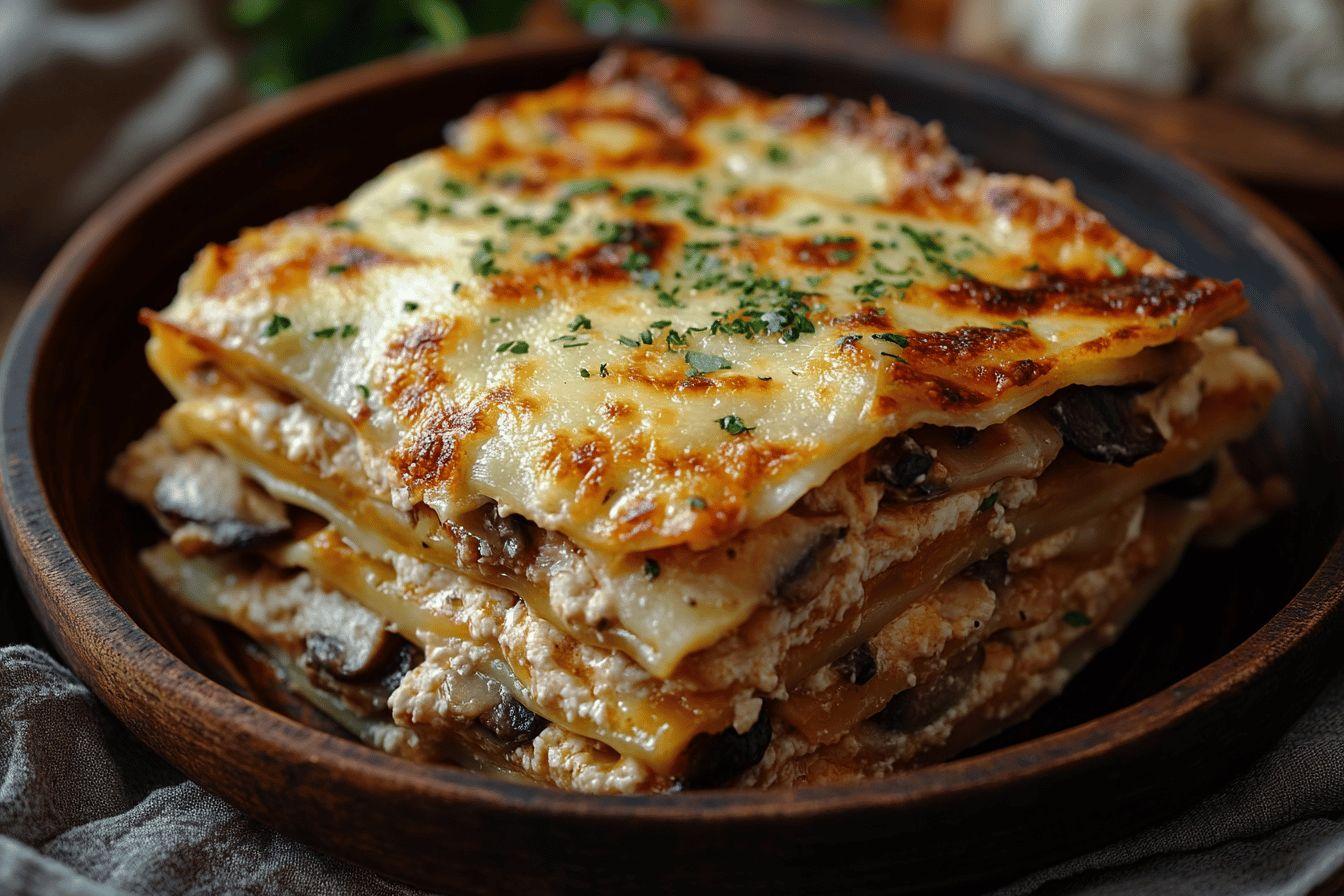 Portion de lasagne aux champignons avec fromage gratin&eacute;