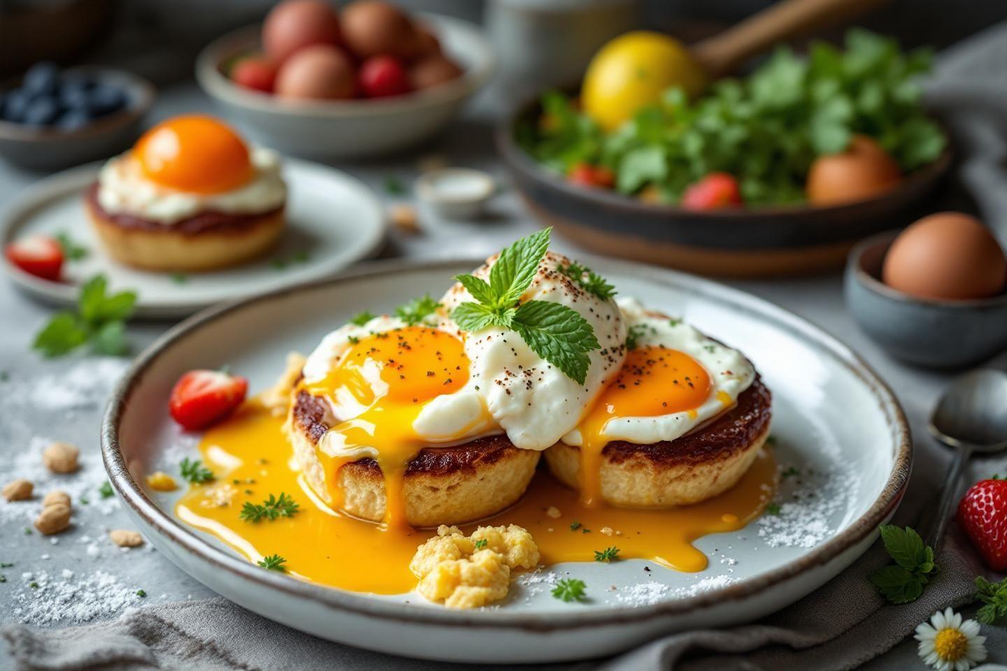 Œufs pochés dorés sur muffins anglais avec sauce hollandaise