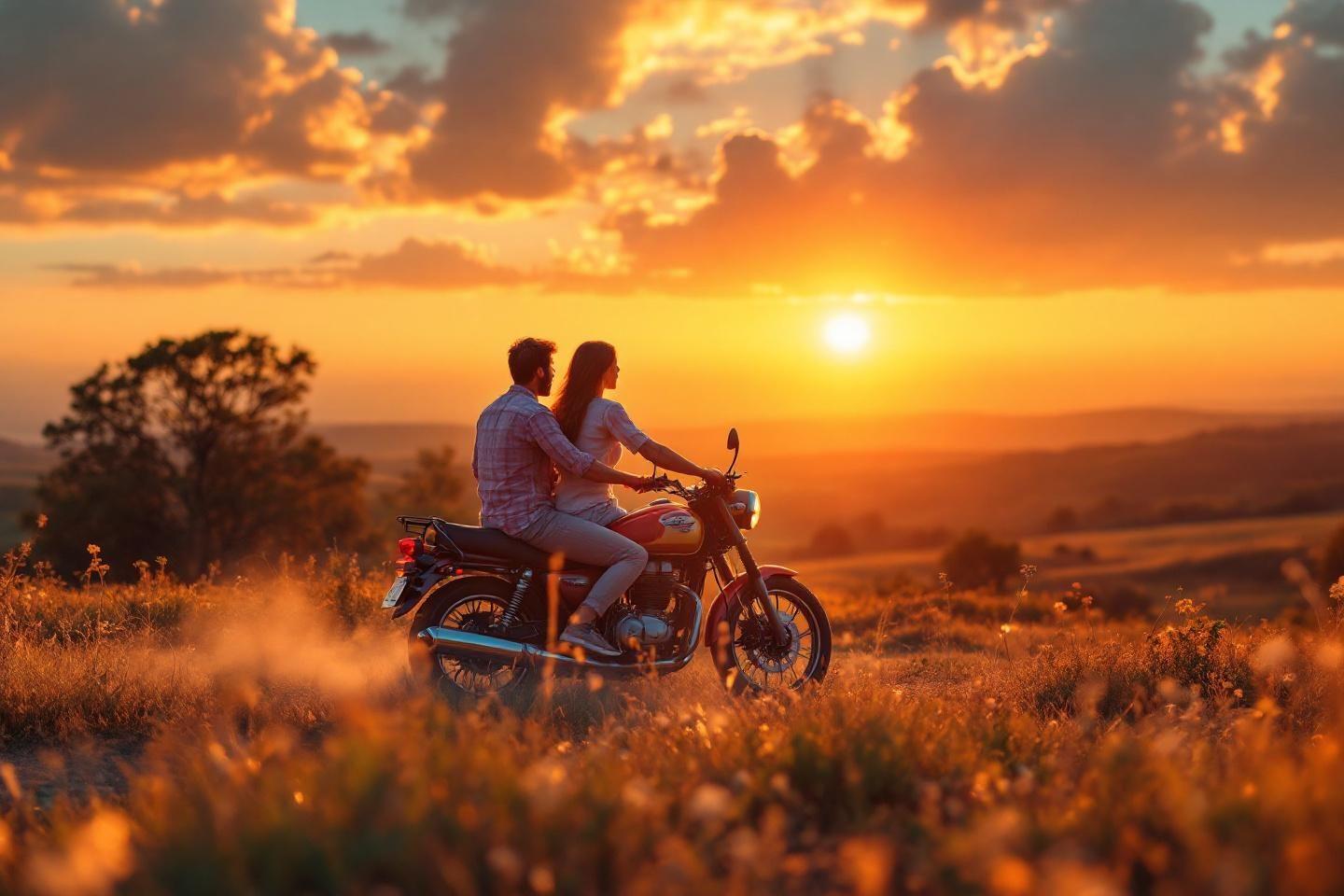 Couple &agrave; moto dans un champ dor&eacute; au cr&eacute;puscule