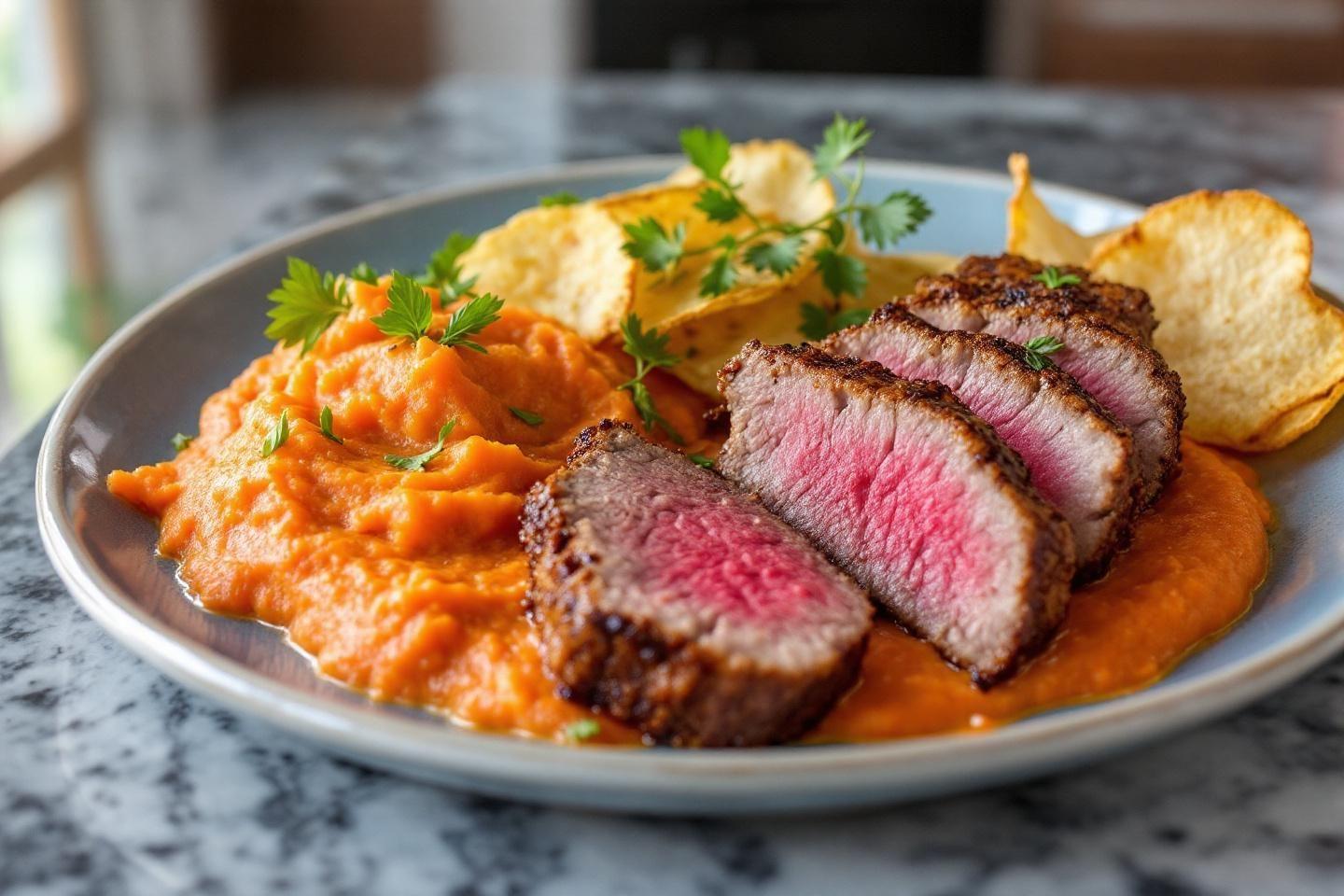 Viande rosée accompagnée de purée et chips croustillantes