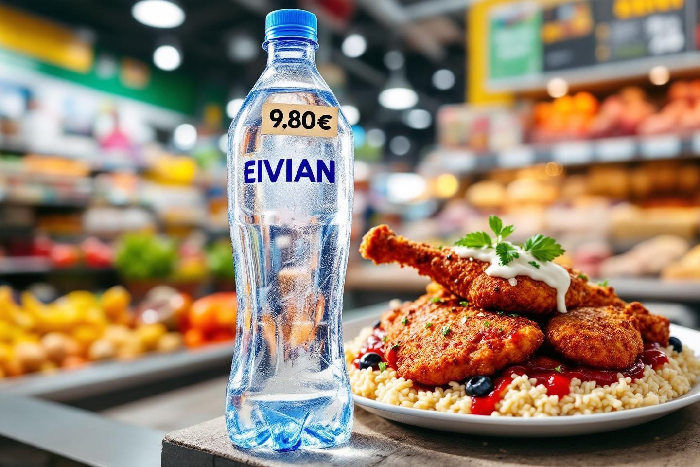 Bouteille Evian à côté d'un plat de poulet croustillant