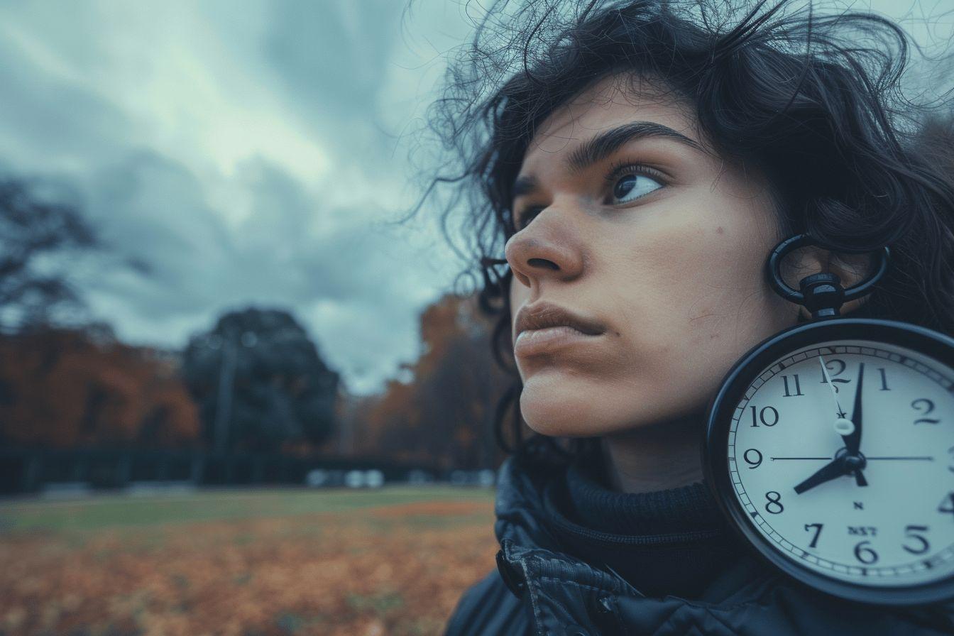 Portrait d'une femme pensive tenant une horloge ancienne