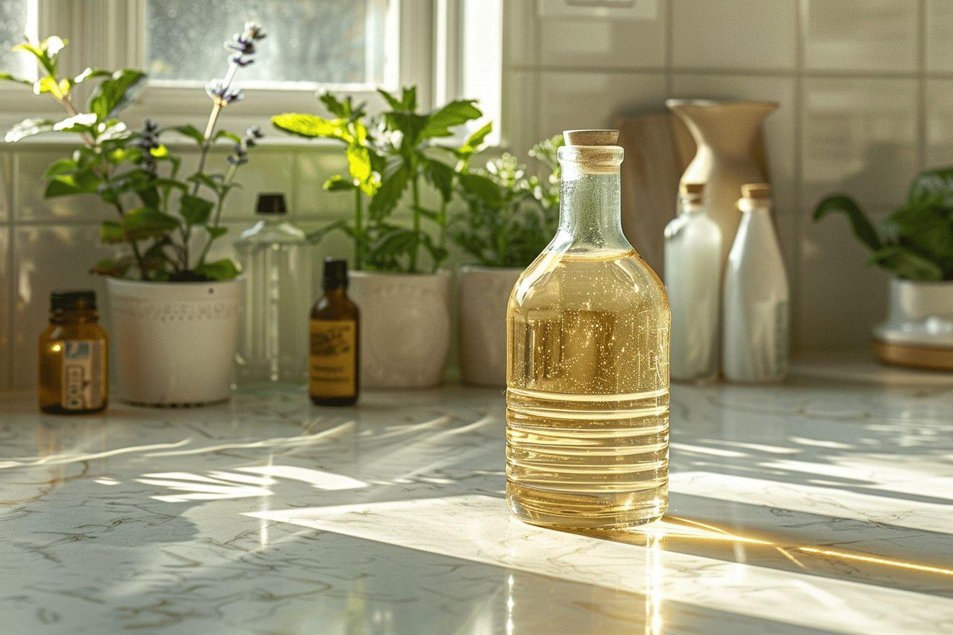 Bouteille de verre contenant un liquide jaune posée sur une surface en marbre avec des plantes en arrière-plan.