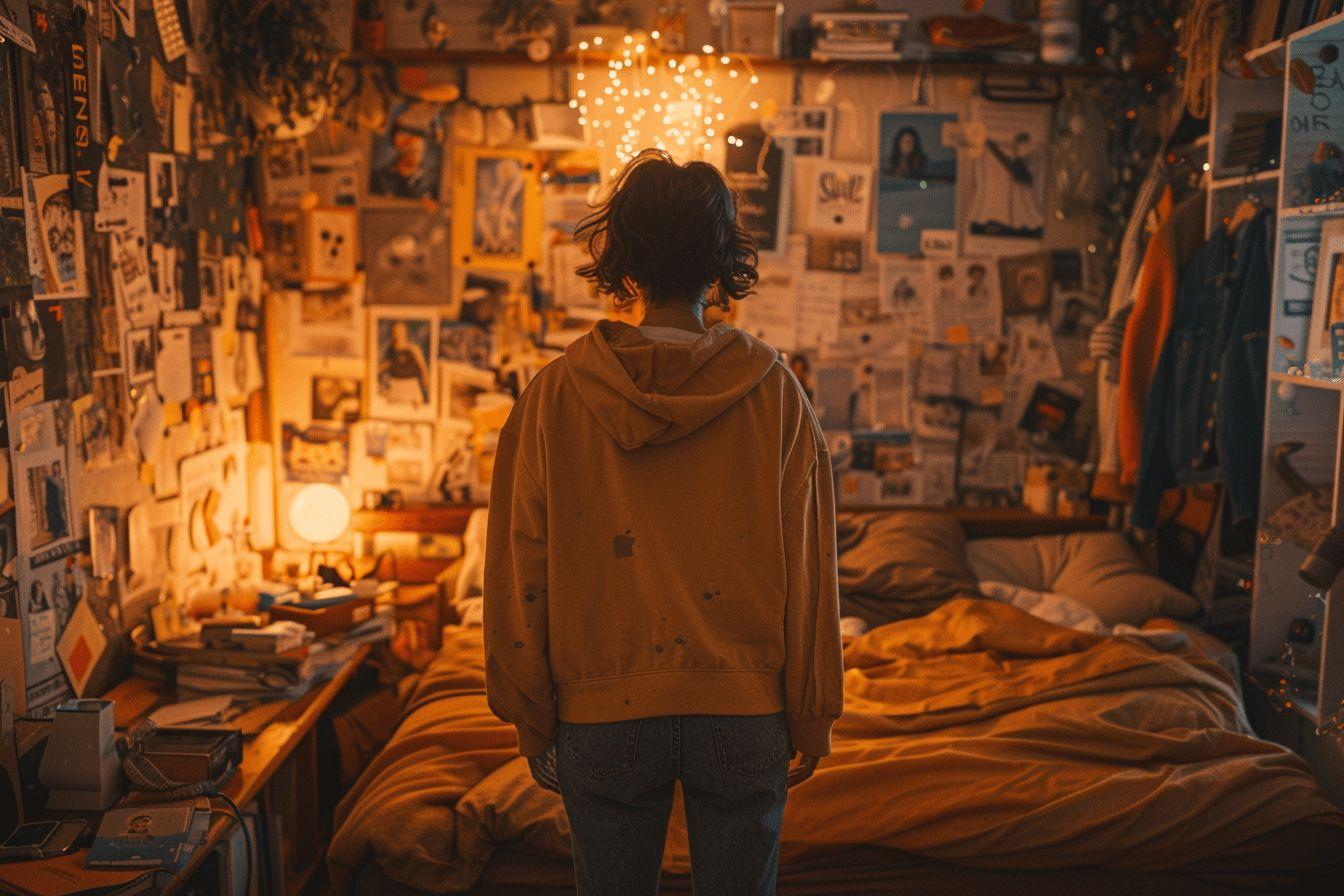 Une personne de dos dans une pièce remplie d'affiches et de lumières chaudes