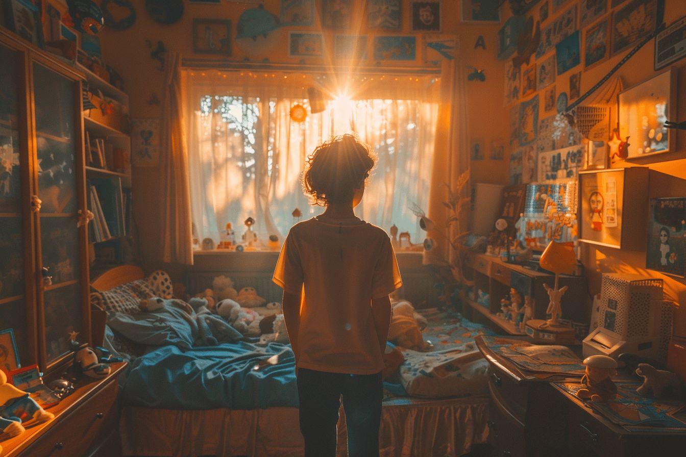 Une personne faisant face à une fenêtre éclairée dans une chambre décorée.