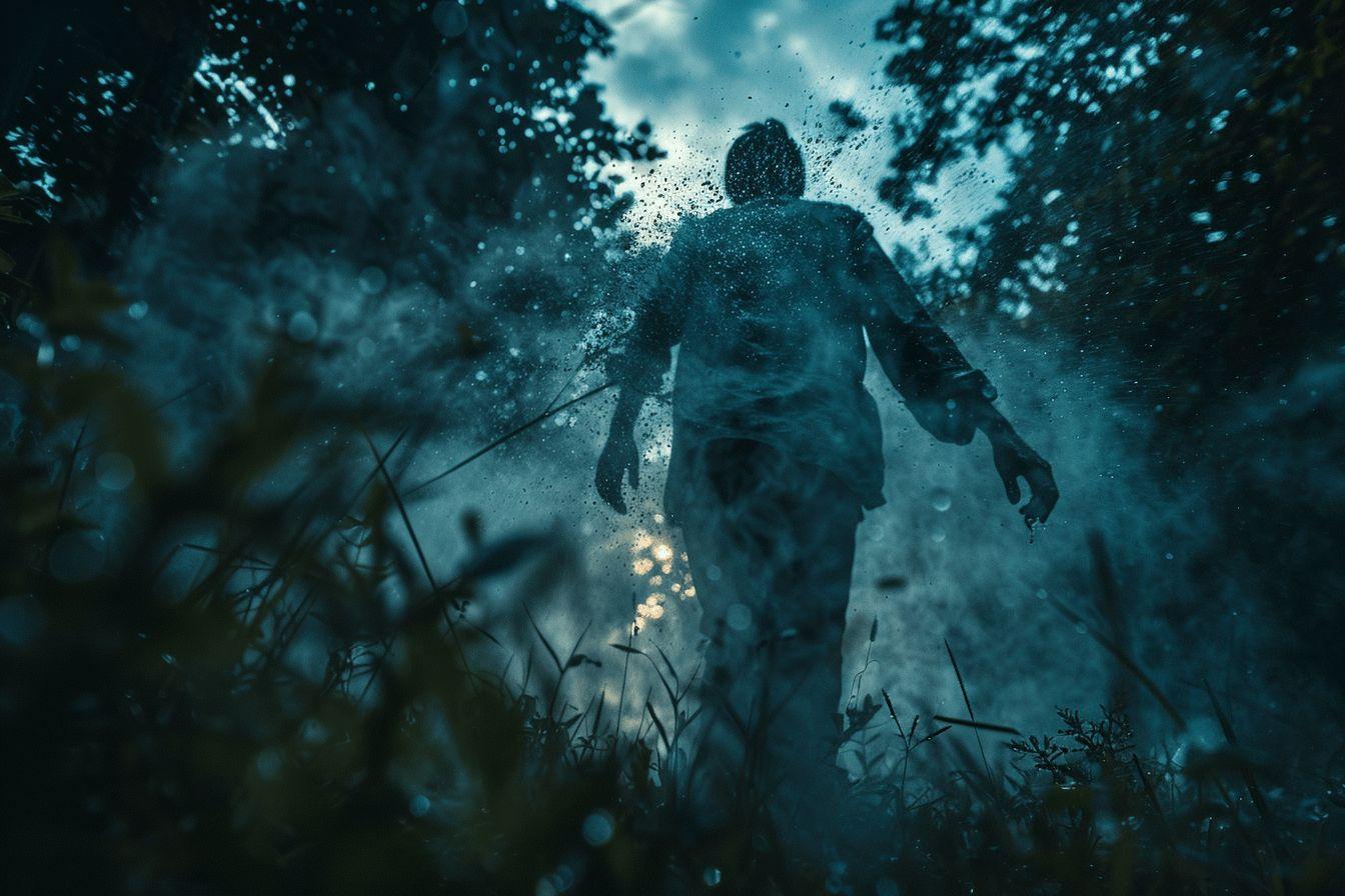 Silhouette d'une personne marchant dans une for&ecirc;t sombre et brumeuse