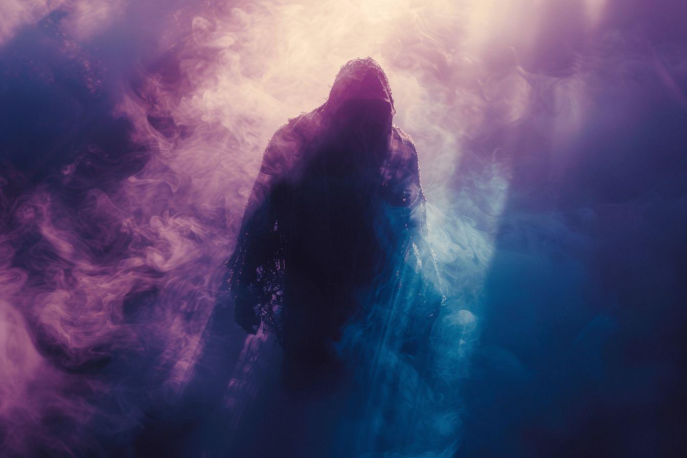 Silhouette sombre entour&eacute;e de vapeurs color&eacute;es dans une sc&egrave;ne abstraite et mystique.