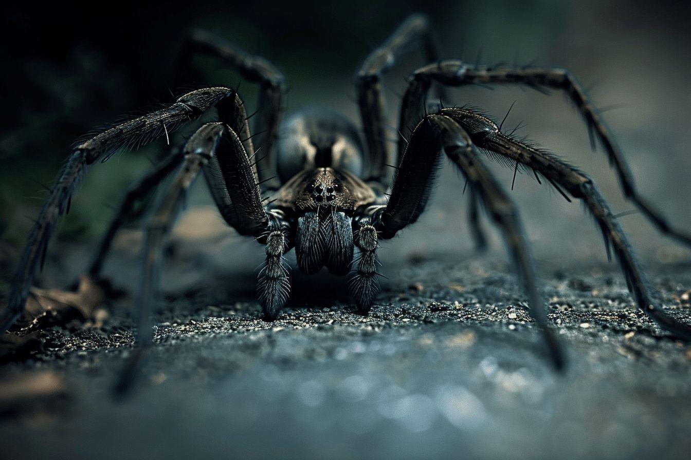 Gros plan sur une araignée noire aux longues pattes dans un environnement sombre et mystérieux.