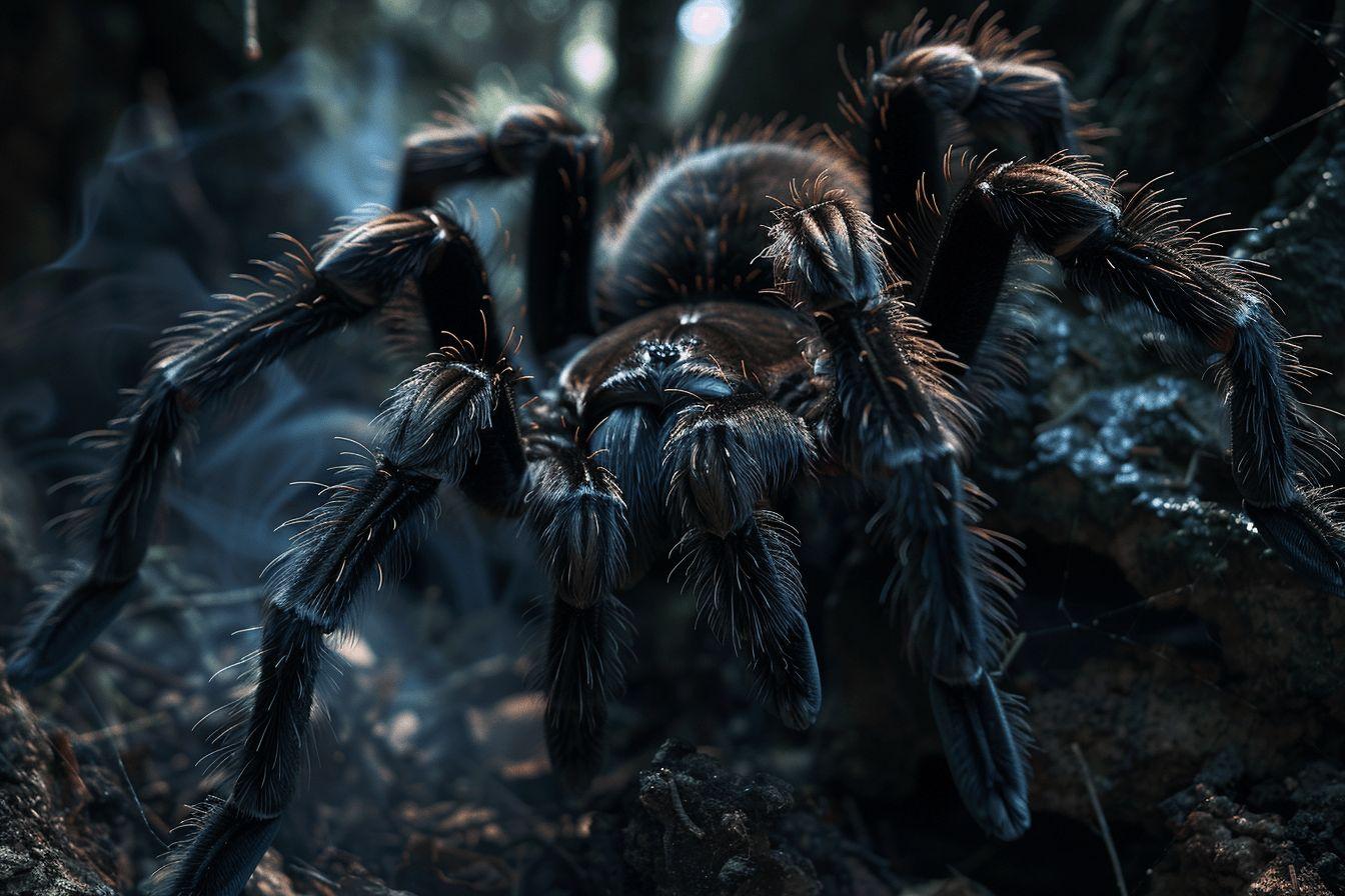 Gros plan d'une araignée velue et noire dans un environnement sombre