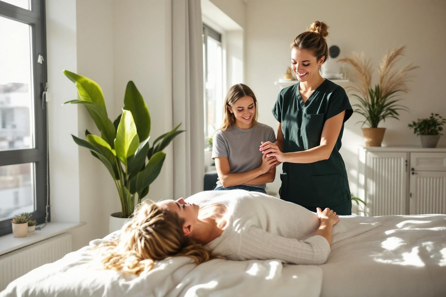 Patiente allong&eacute;e recevant un massage d'une professionnelle