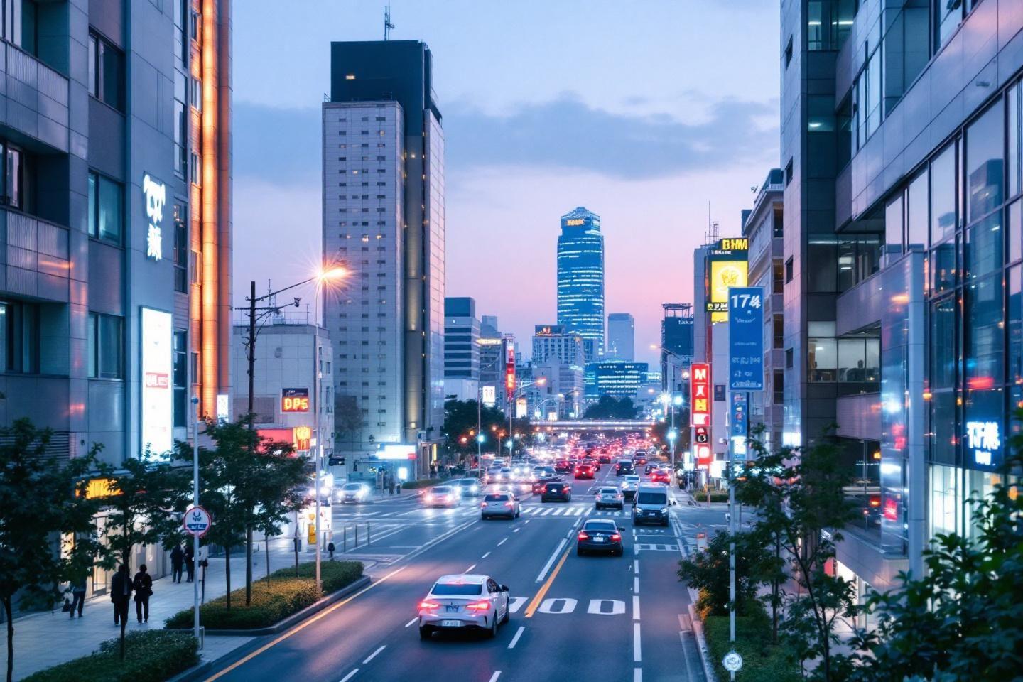 Route animée de Nagoya avec gratte-ciels et circulation nocturne