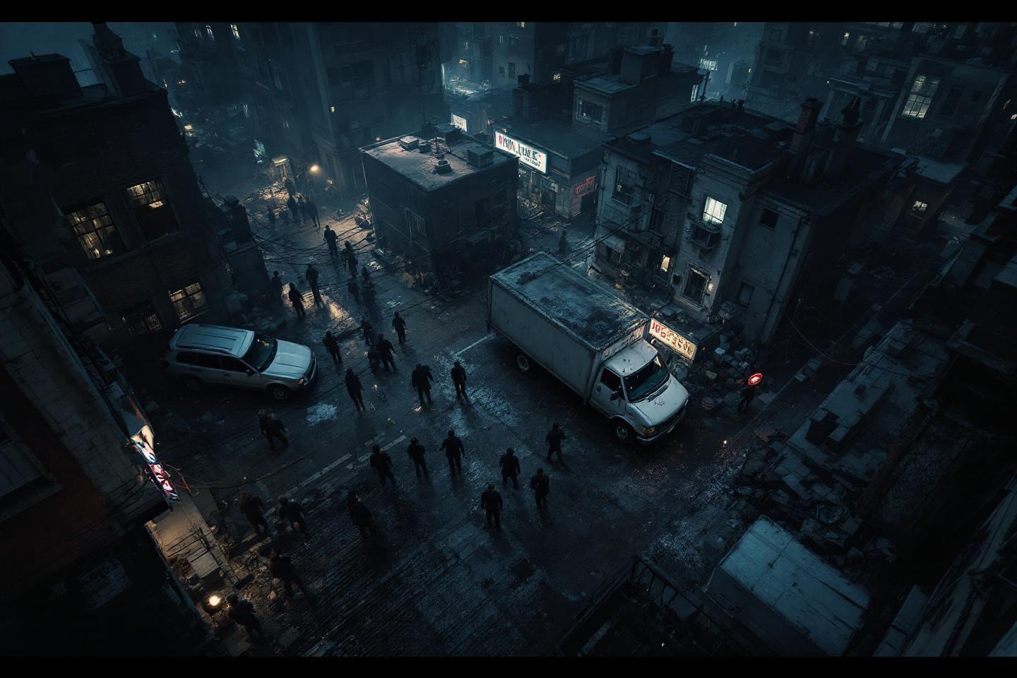 Scène urbaine nocturne avec personnages et véhicules dans une ambiance inquiétante