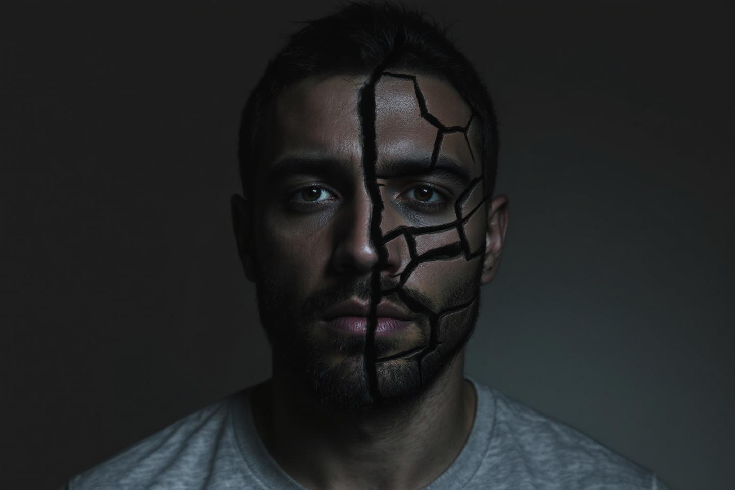 Portrait d'un homme avec un visage fissur&eacute; et sombre