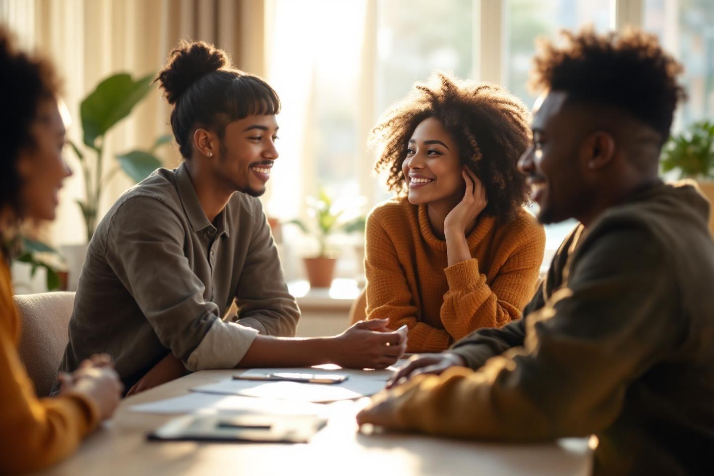 Groupe souriant discutant autour d'une table de travail
