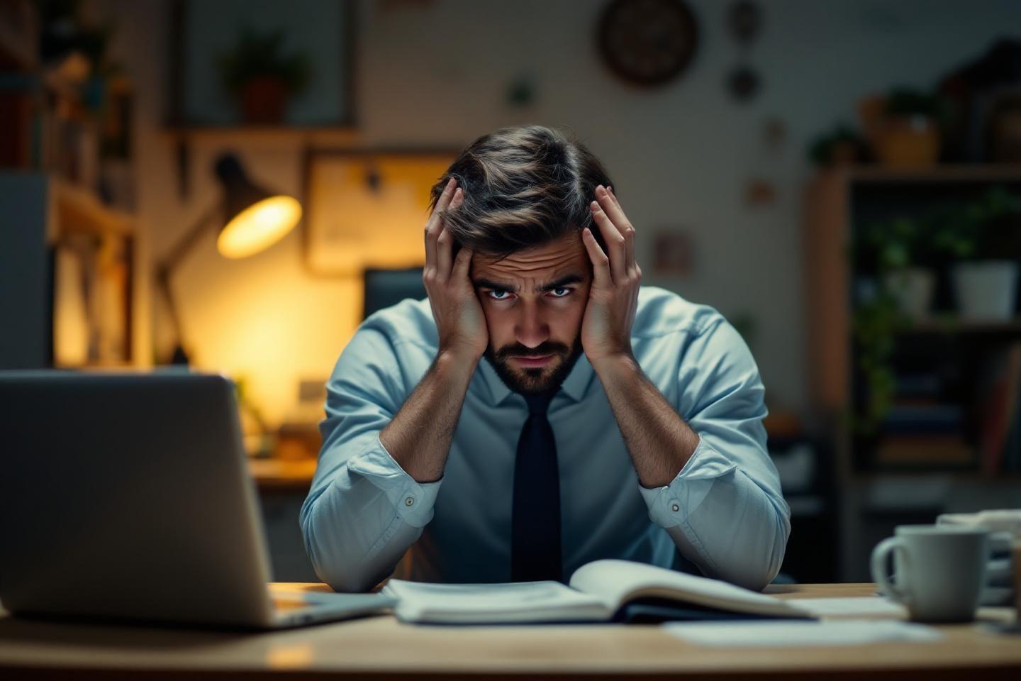 Employé épuisé, la tête entre les mains, devant son ordinateur