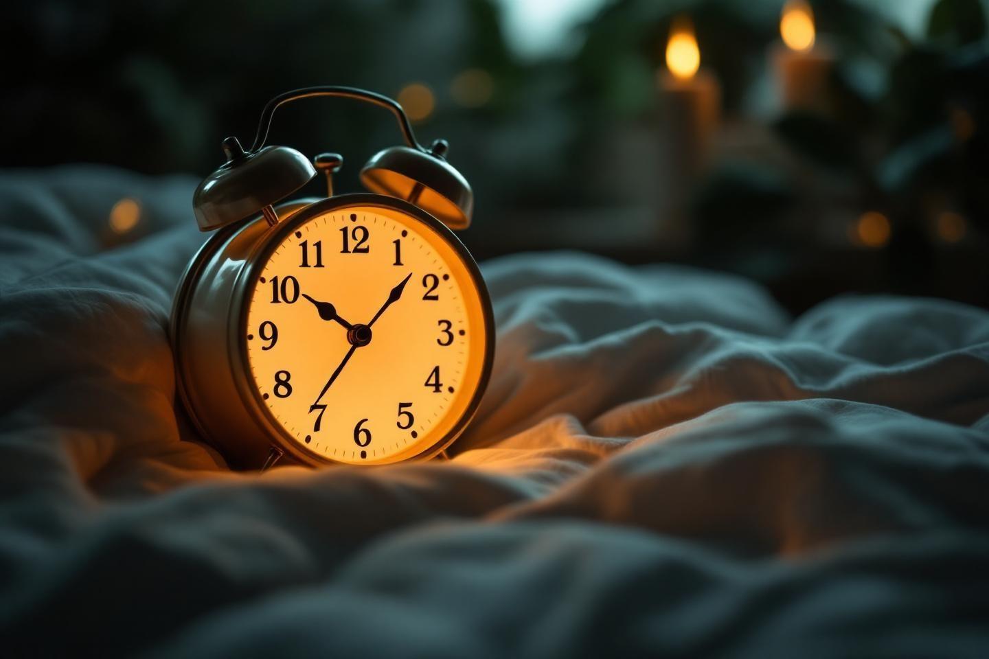 Horloge rétro dorée posée sur couverture floue avec lumières