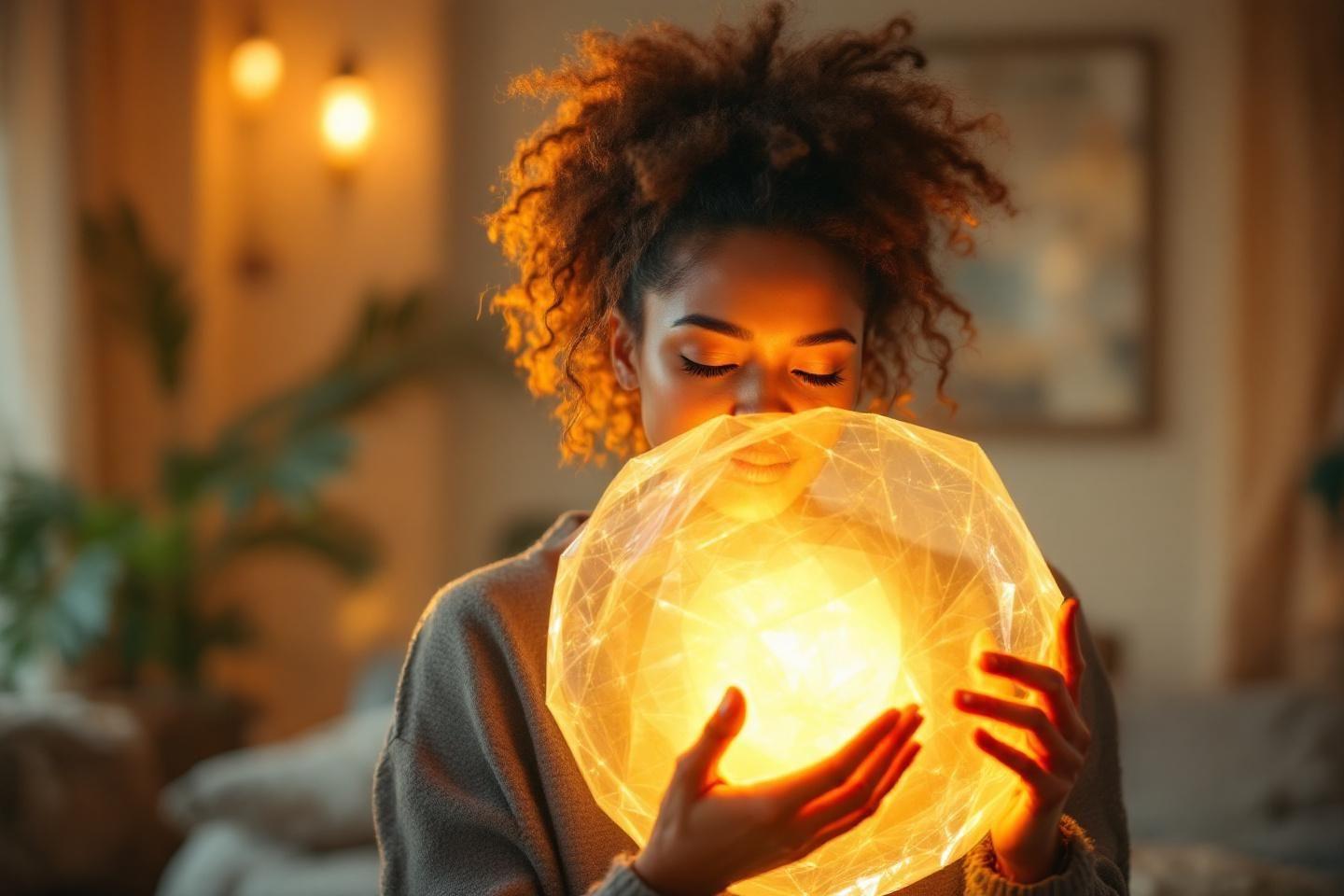 Femme aux cheveux bouclés tenant une sphère dorée illuminée
