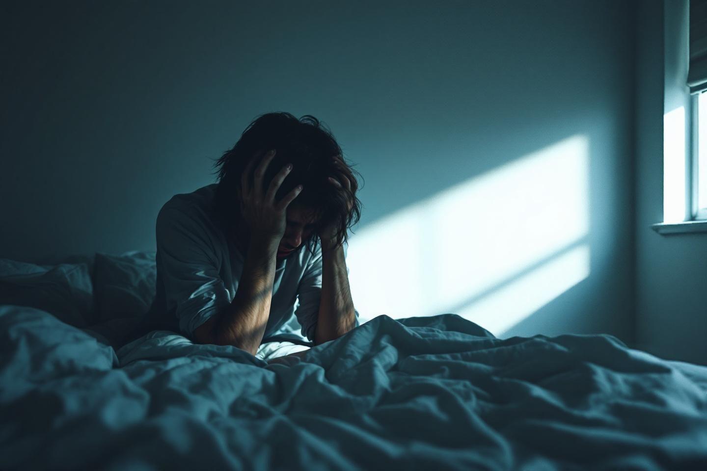 Silhouette effondr&eacute;e dans un lit, lumi&egrave;re froide par la fen&ecirc;tre