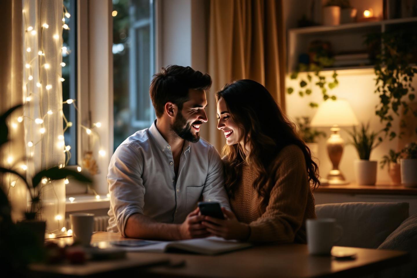 Couple souriant ensemble pr&egrave;s des lumi&egrave;res douces du salon