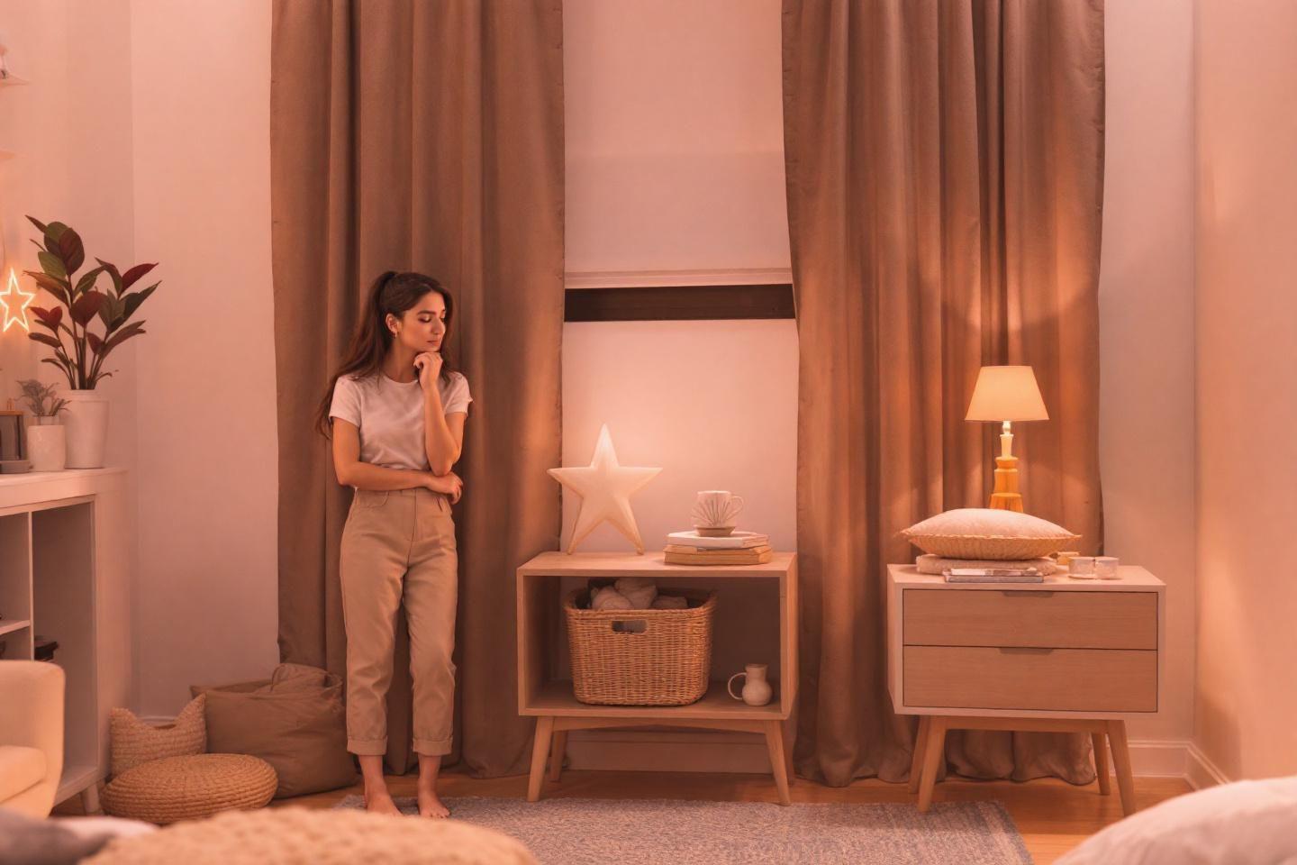 Intérieur cosy avec rideaux, meubles en bois et éclairage doux