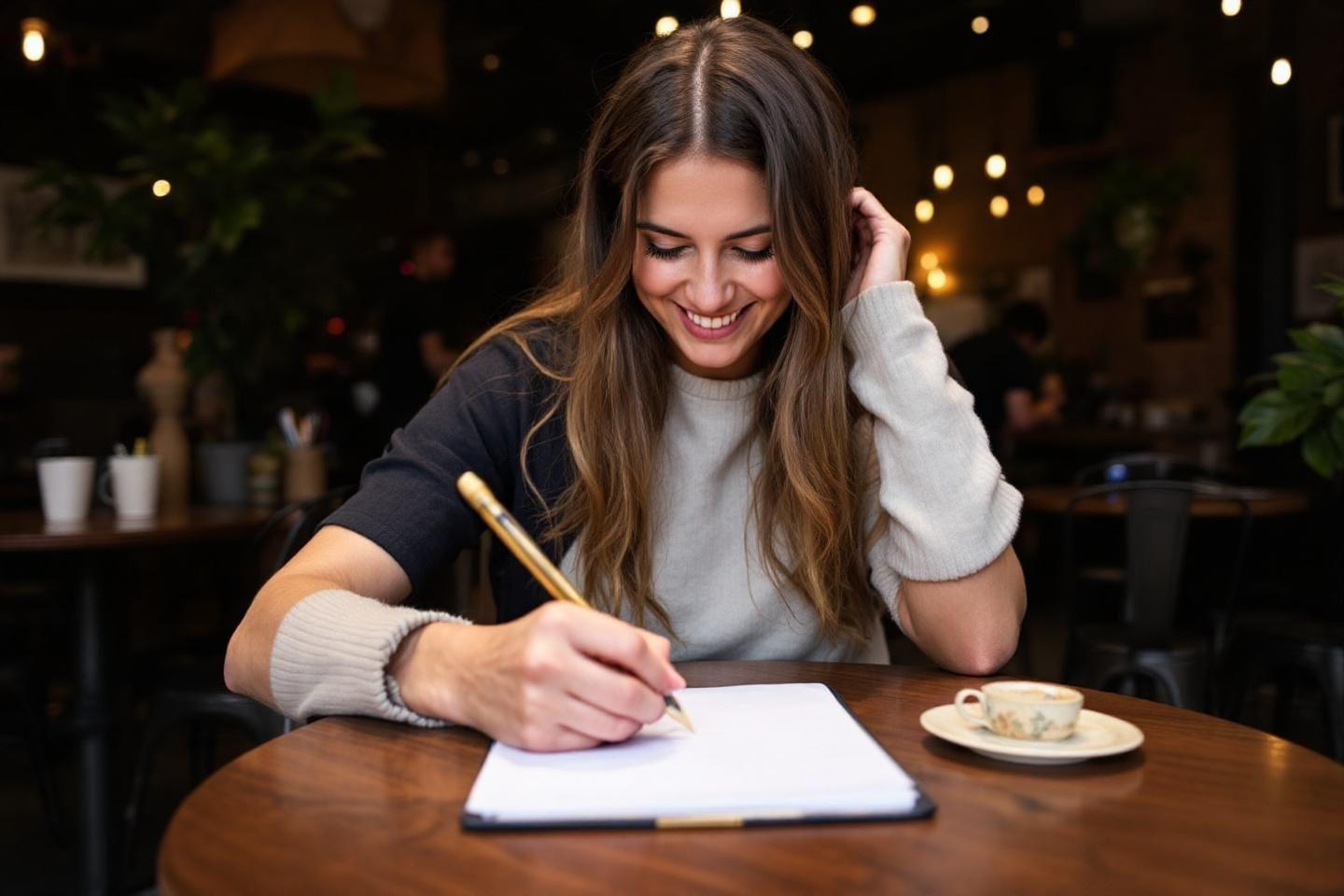 Femme souriante écrivant dans un cahier avec un stylo doré