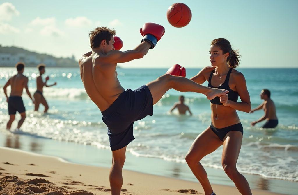 Deux boxeurs s'entraînent sur le sable au bord de la mer