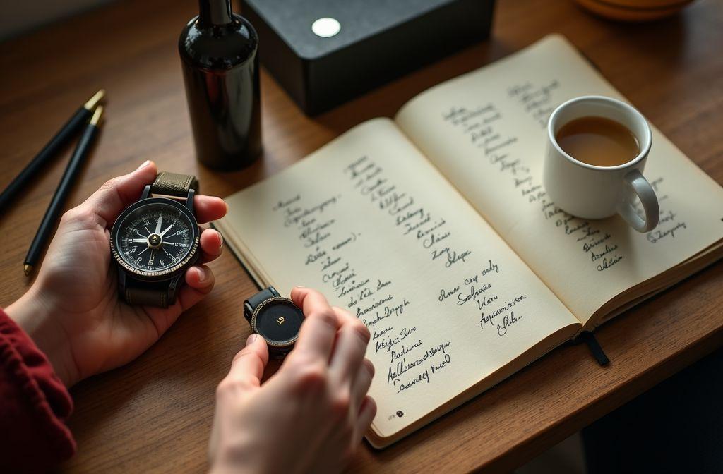 Main tenant une boussole, carnet ouvert, café et bouteille sombre