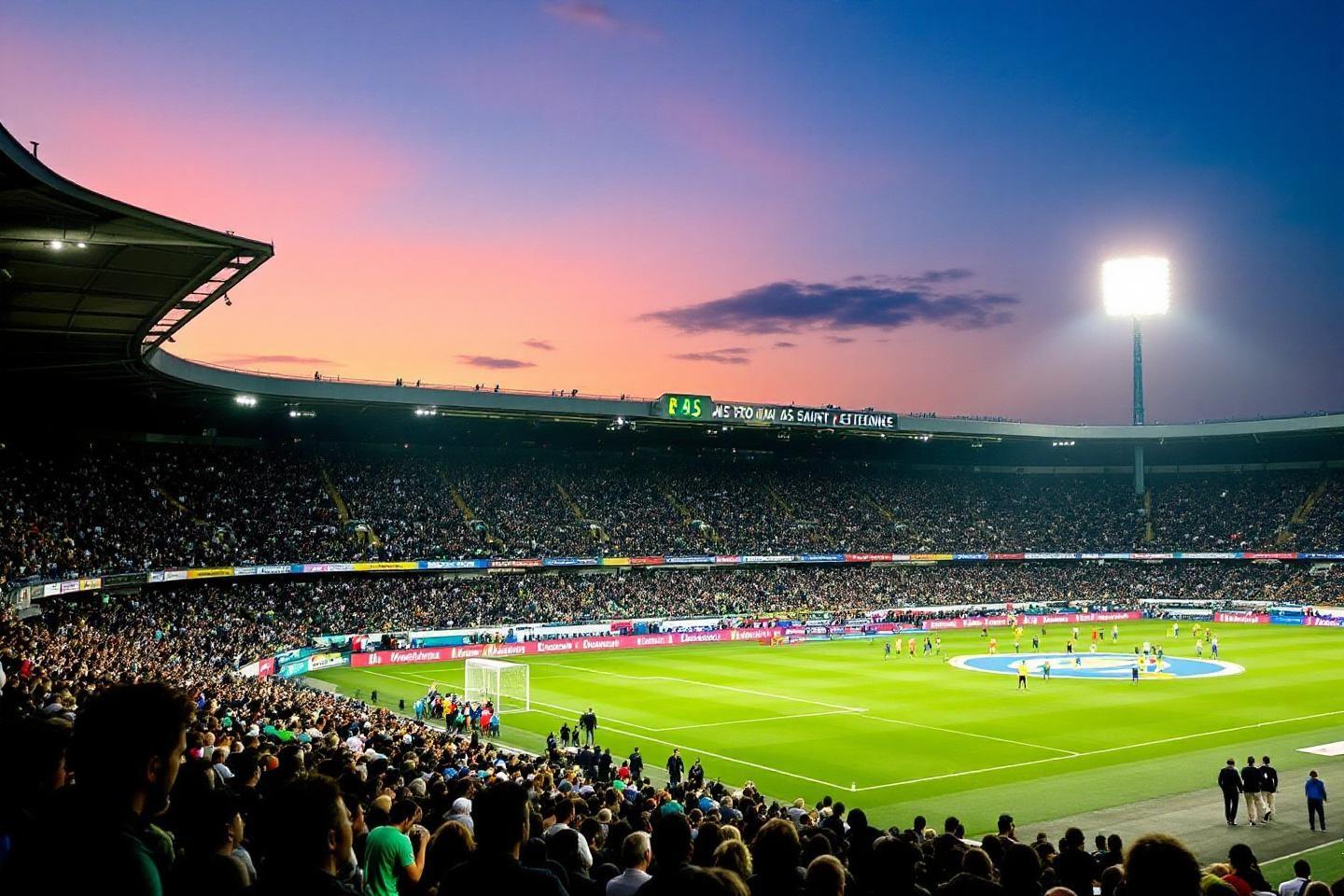 Stade de football bondé avec lumière du soir