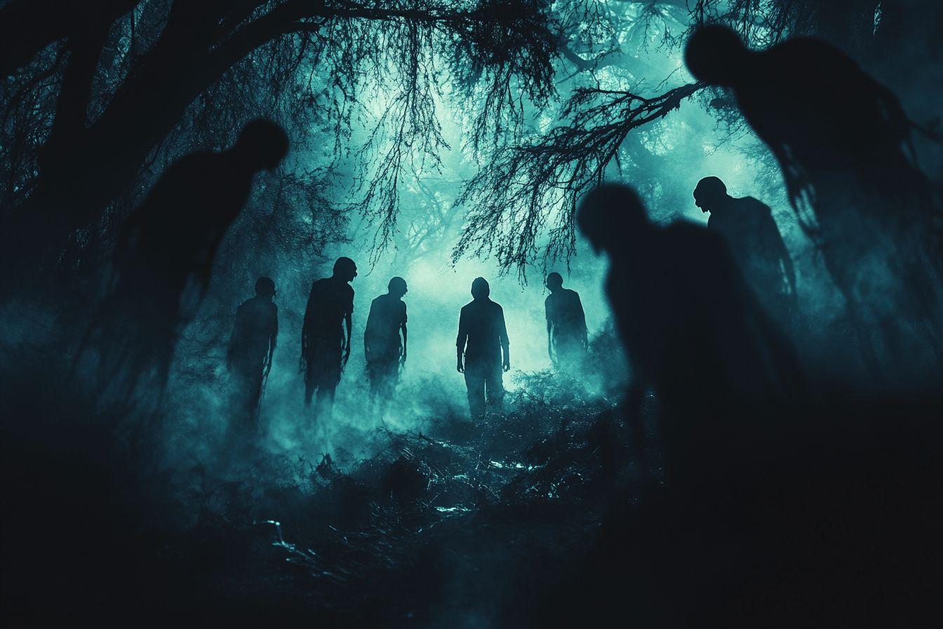 Figures sombres brumeuses dans une for&ecirc;t myst&eacute;rieuse verd&acirc;tre
